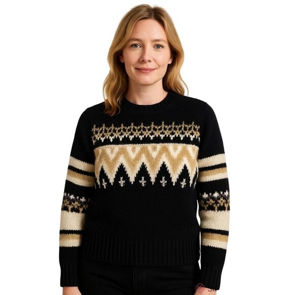 RD Style Women's Small Fair Isle Knit Wool Sweater Nordic Black Cream Geometric - Picture 2 of 4